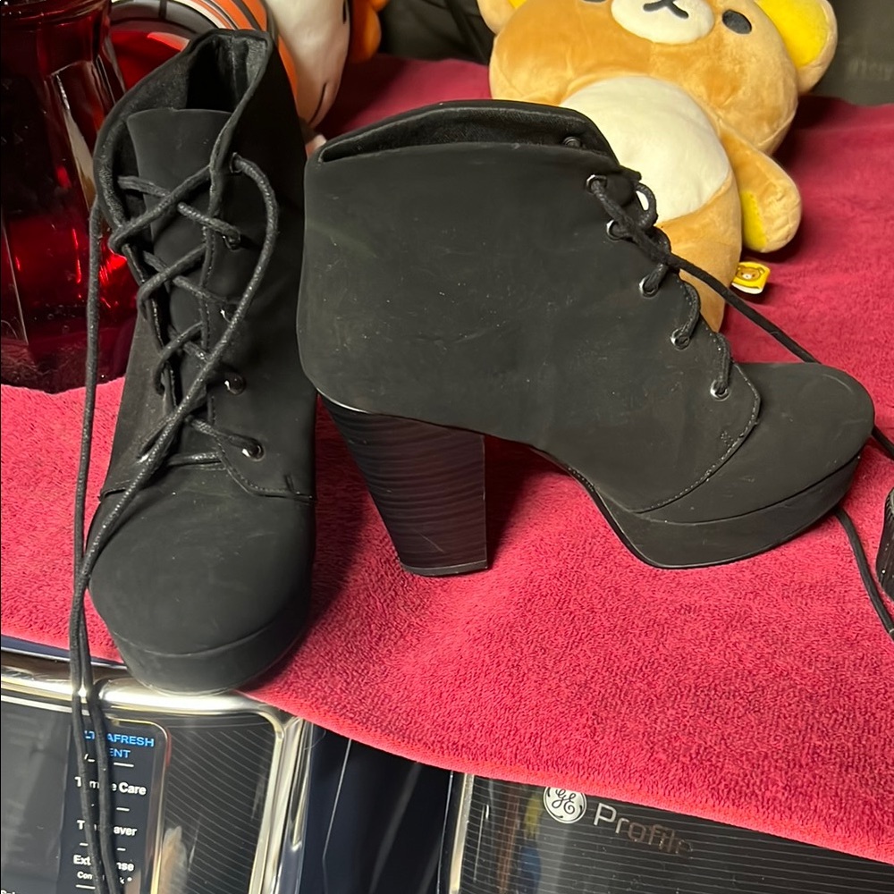 Soda Black Lace Up Boots with Chunky Heel